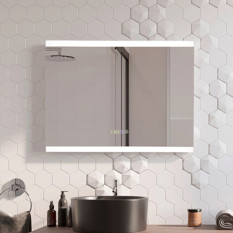 Rectangular Frameless Anti-Fog LED Vanity Mirror with Clock,80x60