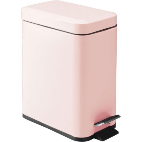 Rectangular metal bin with lid, compact bin with removable liner and handle for bathroom, kitchen – Light pink