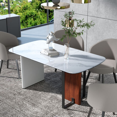 Rectangular White Dining Table with Sintered Stone Glass Top - 64" W x 34" D x 30" H