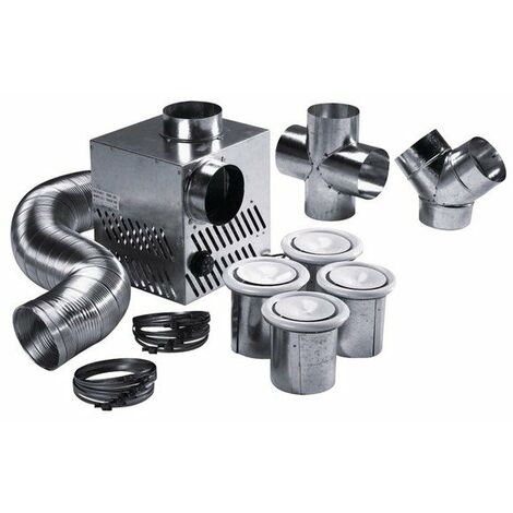 Recupair – Kit de distribution d'air chaud 4 bouches Ø 125mm – Débit 500 m³/h – Thermostat réglable – Compatible cheminée et poêle à bois