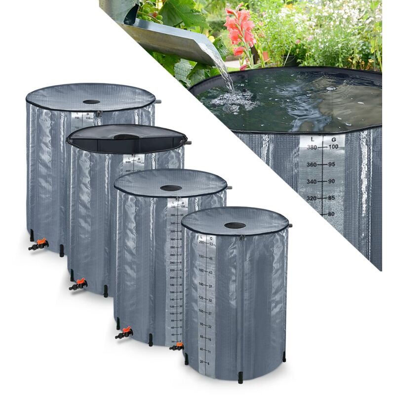 Baril de pluie pliable de 200 litres avec housse de protection en PVC, 6 poteaux de support, valve de vidange et échelle graduée, gris 50 gallons