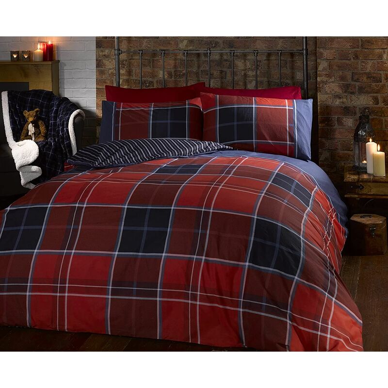 Red Argyle Tartan Checked Duvet Cover Bedding Set, Red Blue, Double
