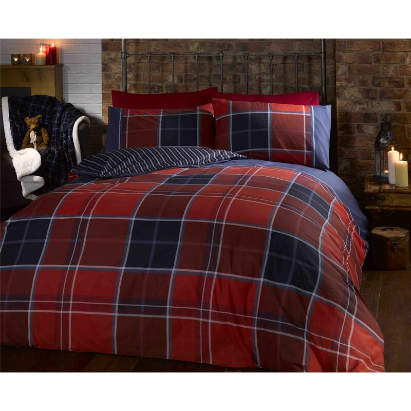 Rapport - Red Argyle Tartan Checked Duvet Cover Quilt Bedding Set, Red Blue, King Size