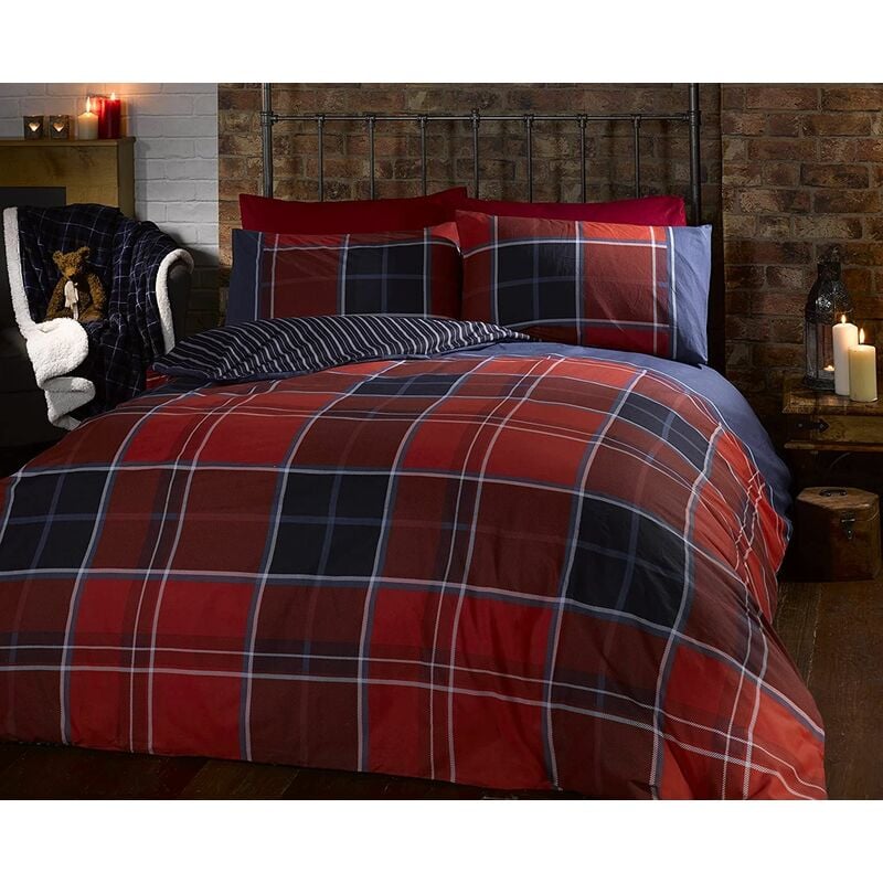 Red Argyle Tartan Checked Duvet Cover Quilt Bedding Set, Red Blue, Single