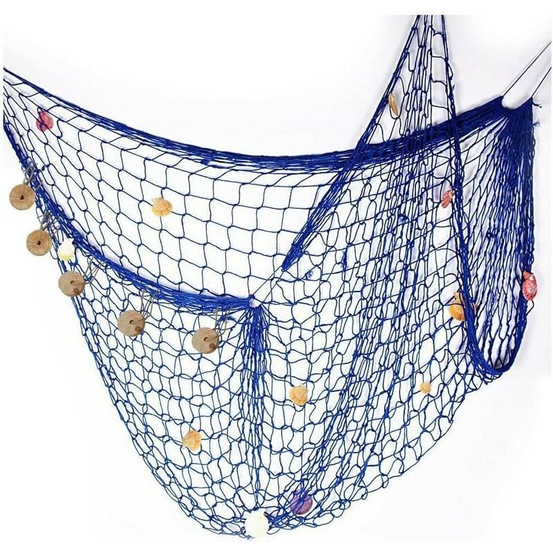 

Red de Pesca Decorativa GRANDE XXL Azul con Conchas, Grande 400x200 cm. Decoración Pared Marinera/Naútica.