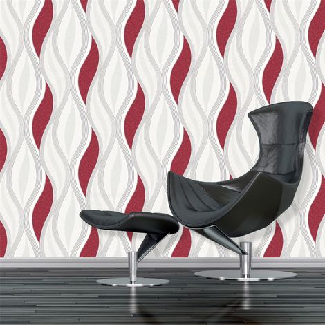 main image of "Red Glitter Waves Silver White Quality Textured Vinyl Feature Wallpaper"