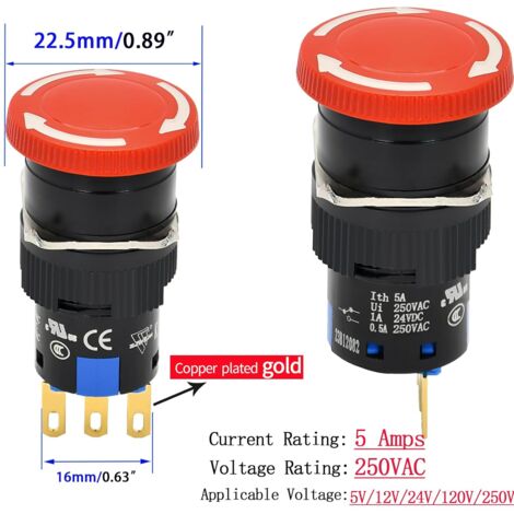 Red Mushroom Emergency Stop Push Button Switch, 16mm, 5Amp, SPDT Latching, 5/8" Hole with Small Anti-Collision Protective Cover