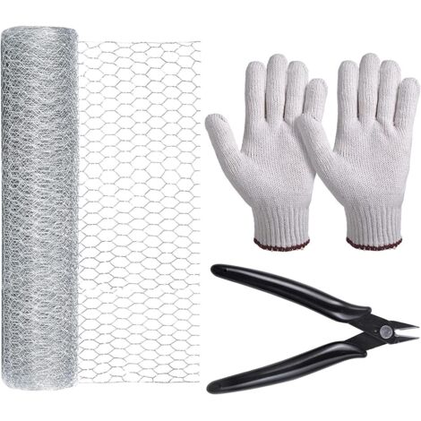 Red para aves de corral, malla de alambre hexagonal galvanizada de 40 cm x 10 m para cercar gallineros - Incluye minicortaalambres y un par de guantes