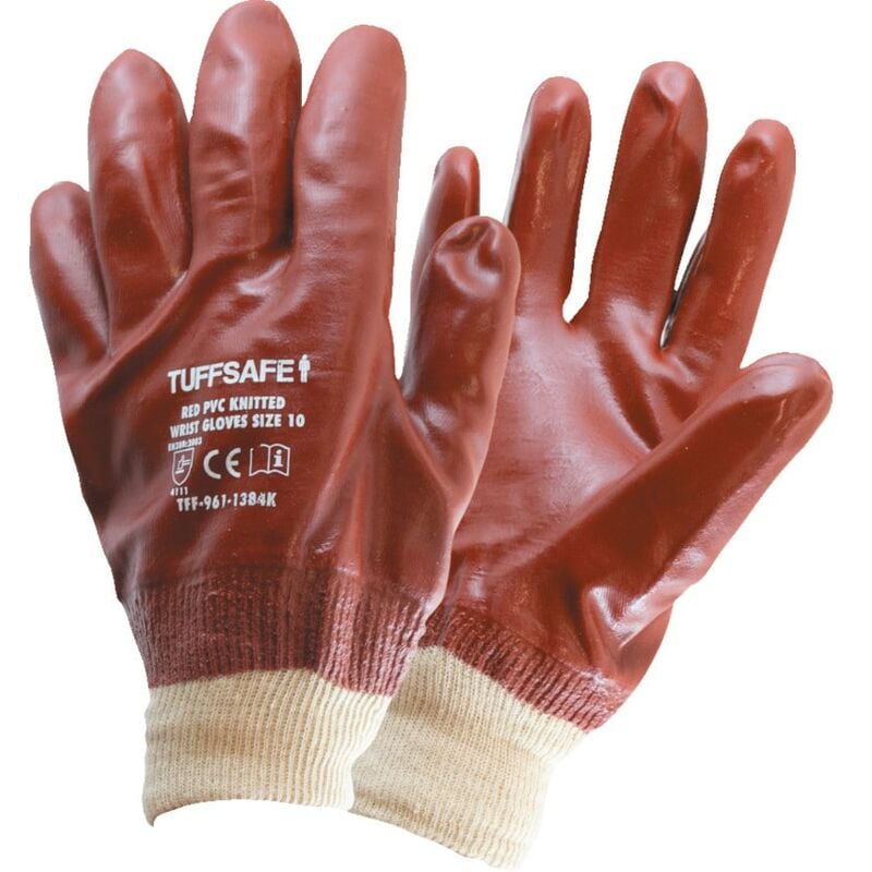 Red pvc Knitted Wrist Gloves - Size 10 - Red - Tuffsafe