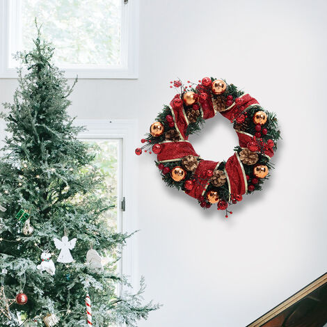 Red Ribbon Artificial Green Pine Leaves Wreath Hanging Xmas Decor, 30cm Dia
