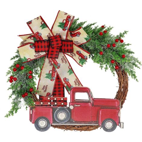 Red Truck Christmas Wreath Fall Wreath for Front Door Decorations for Farmhouse Autumns Harvest Halloween Thanksgiving