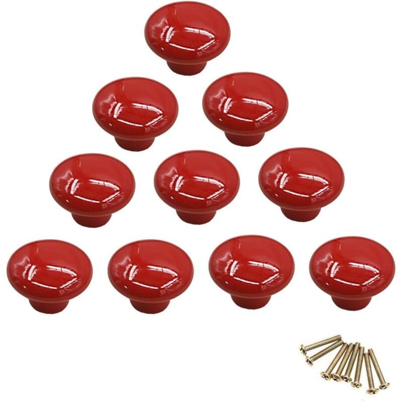 (Red)10Pcs Colorful Round Ceramic Cabinet Knobs Single Hole Pull Handle for Drawer Cupboard Dresser Door