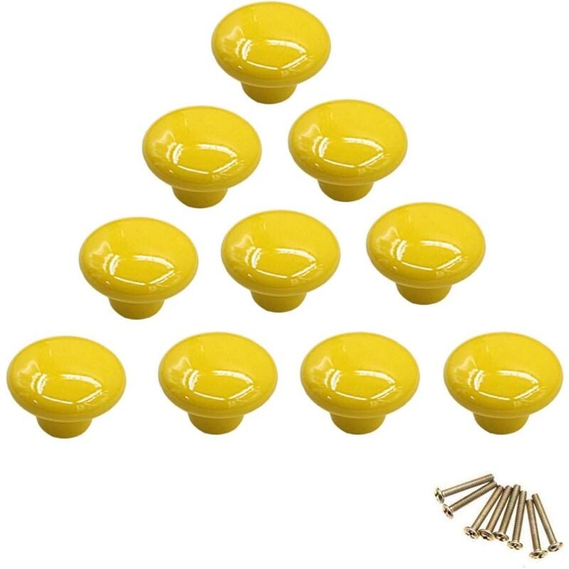 (Yellow)10Pcs Colorful Round Ceramic Cabinet Knobs Single Hole Pull Handle for Drawer Cupboard Dresser Door