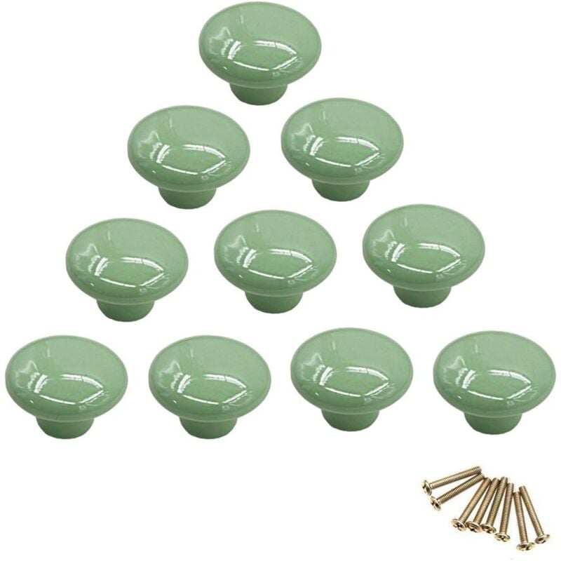 (Green)10Pcs Colorful Round Ceramic Cabinet Knobs Single Hole Pull Handle for Drawer Cupboard Dresser Door