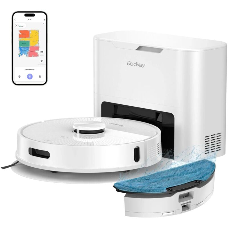 Redkey - R10 aspirateur Robot avec Station de vidange, Fonction Lavage - Auto-nettoyant 90 Jours, réservoir d'Eau de 350ml, 4000 Pa,avec Navigation