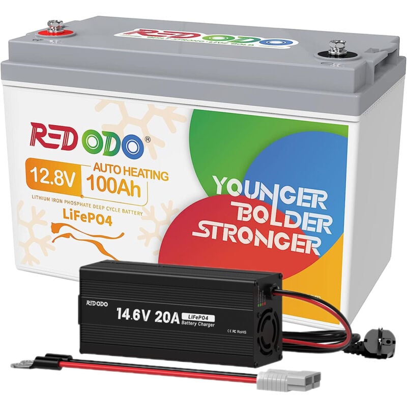 Batterie Lithium 12V100Ah Rechargeable LiFePO4, Auto-Chauffage +14,6V20A Chargeur de batterie LiFePO4 12V Redodo