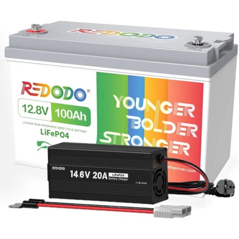 Redodo 12V 100Ah Lithium Batterie LiFePO4 Akku+14,6V 20A Ladegerät für 12V Lithium Batterie LiFePO4