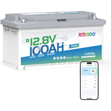 Redodo 12V100Ah Bluetooth Sous-siège Batterie Lithium, hauteur 188mm LiFePO4 avec 100A BMS protection d'arrêt à basse température pour camping-car, caravane, système solaire de balcon, bateaux-Pack1