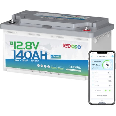Redodo 12V140Ah Bluetooth Sous-siège Batterie Lithium, hauteur 188mm Batterie LiFePO4 avec 150A BMS protection d'arrêt à basse température pour camping-car,caravane, système solaire de balcon, bateaux
