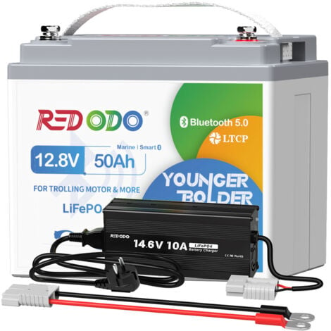 Redodo 12V50AH Lithium Batterie LiFePO4 Akku(Bluetooth+Niedrigtemperatur-Abschaltschutz)+14,6V 10A LifePO4 Batterieladegerät für 12V Lithium Batterie(Zwei Pakete separat senden)