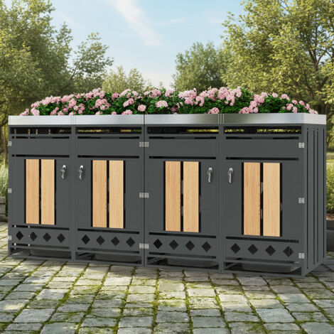 REDOM Abri cache poubelles 4 compartiments, bac à plantes intégré, portes verrouillables, acier gris aspect bois