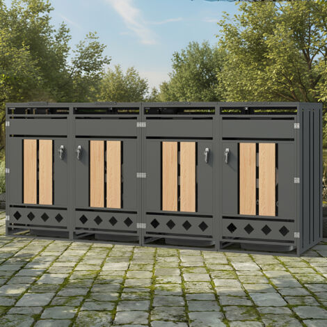 REDOM Abri cache-poubelles 4 compartiments, couvercle hydraulique, portes verrouillables, acier gris aspect bois