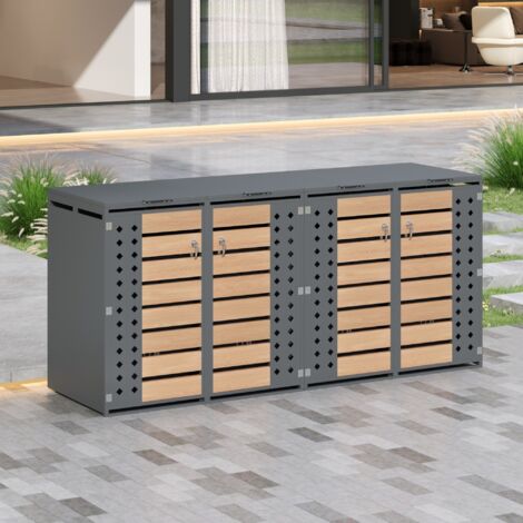 REDOM Armario para cubos 4 compartimentos, tapa abatible hidráulica, puertas con cerradura, acero gris efecto madera