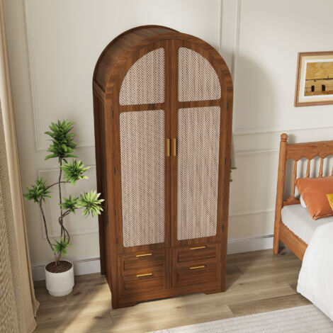 REDOM Armoire 80x50x179 cm portes incurvées, penderie, étagères et tiroirs, porte en rotin, MDF, noyer
