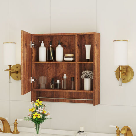 REDOM Armoire de salle de bain murale avec miroir, étagères ouvertes, gain de place, rangement pratique, MDF noyer