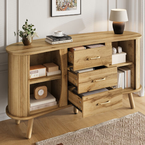 REDOM Buffet 150x36.5x75 cm 2 portes coulissantes, 3 tiroirs, étagères réglables, MDF aspect bois naturel