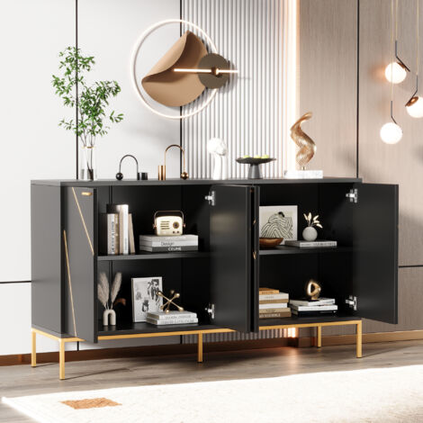 REDOM Buffet 150x40x80 cm 4 portes avec pieds en métal structure en panneaux de particules noir design moderne