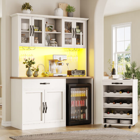 REDOM Buffet de cuisine 140x38x180 cm chariot amovible, LED dimmable, range verres et 9 bouteilles, MDF blanc