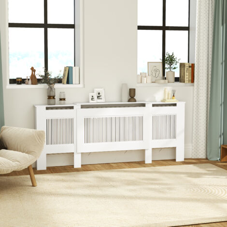 REDOM Cache radiateur 125-201x19x81.5cm étagère pratique panneau de particules mélaminé anti basculement blanc
