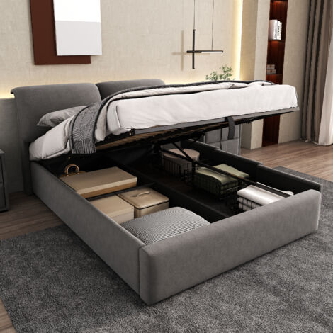 REDOM Cama con almacenamiento 140x200 cm estructura de láminas con cabecero, tejido terciopelo color gris(sin colchón)