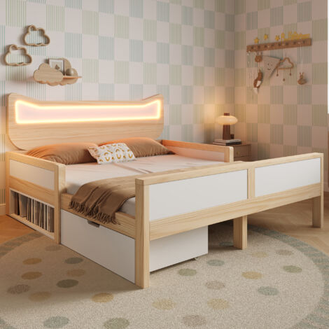 REDOM Cama infantil 140x200 cm con cabecero de gato LED, almacenaje y cajón, madera Blanco y roble (Sin colchón)