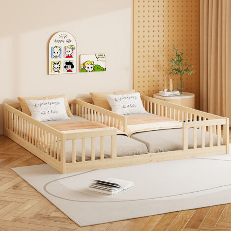 REDOM Cama infantil 90x200 cm con barandilla, con somier de láminas, pino, natural (Sin colchón)