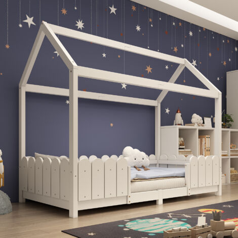REDOM Cama infantil 90x200 cm con barandilla de seguridad, madera, blanco (Sin colchón)