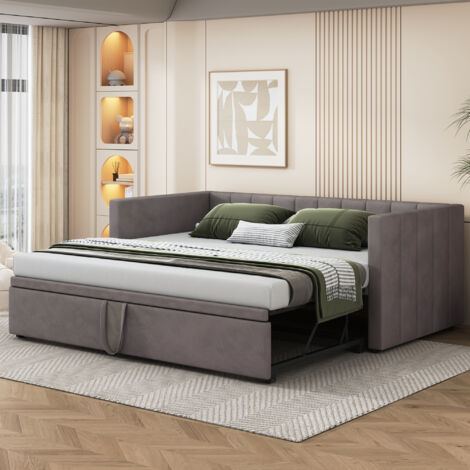 REDOM Cama nido 90/180x200 cm con cama nido extraíble, tejido acolchado gris (Sin colchón)