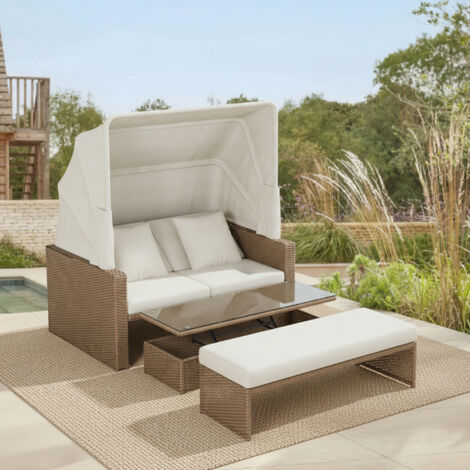 REDOM Canapé de jardin modulable, convertible en lit double, table basse réglable, auvent réglable, PE rotin et polyester kaki