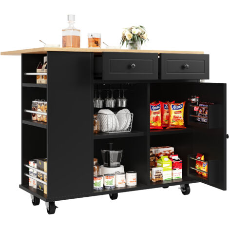 REDOM Carrello da cucina 120x76x91,5 cm, con 2 cassetti, attrezzato con piano di lavoro, porta snack, metallo e MDF nero