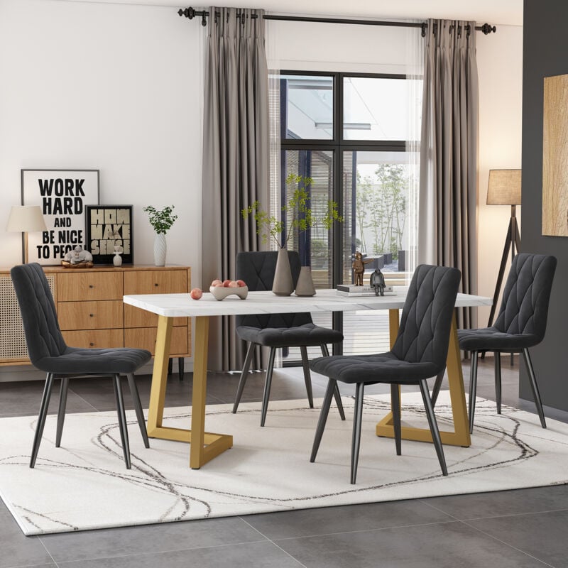 Ensemble de table de cuisine moderne, table à manger 117×68×75 cm, plateau en mdf blanc, pieds dorés, avec 4 chaises Gris avec dossier