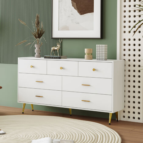 Redom – Commode buffet blanc 7 tiroirs – Dimensions 140x35x76 cm – Poignées dorées et pieds en métal – Rangement élégant et fonctionnel