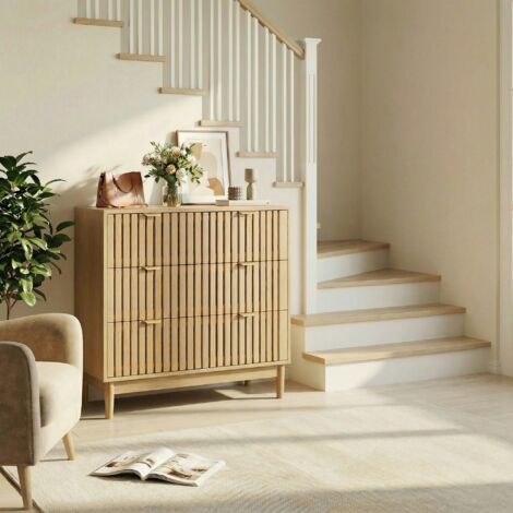 REDOM Cómoda 80x39x80 cm 3 cajones, diseño de rejilla vertical, patas de madera maciza, MDF y tablero de partículas, roble