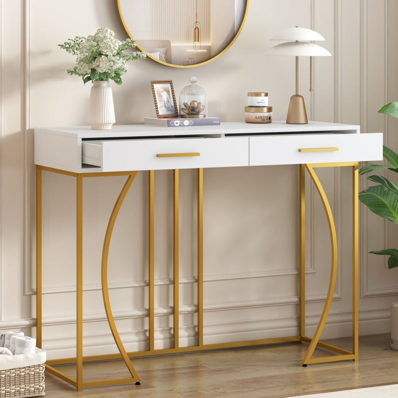Redom - Console avec 2 tiroirs, table d'appoint de style moderne, table de canapé, 110x32x85 cm, blanc+or