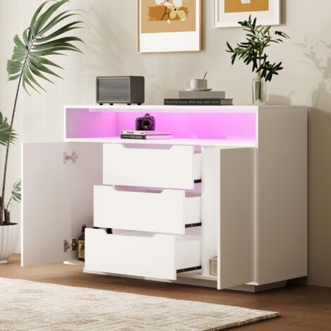 REDOM Credenza 120x40x85 cm con ripiano aperto, 3 cassetti, ante su entrambi i lati, LED integrata, legno ingegnerizzato, bianco