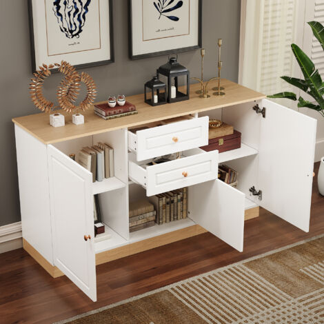 REDOM Credenza 160x40x80 cm, multifunzione con 3 ante e 2 cassetti, Pannello truciolare, bianco e naturale