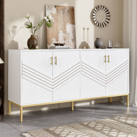 REDOM Credenza 160x40x80,5 cm, con 4 ante, buffet, gambe metallo, ripiani regolabili, MDF, in bianco e oro, per soggiorno
