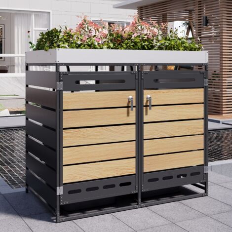 REDOM Cubrecontenedores 2 compartimentos, jardinera integrada, ventilación anti olores, cerraduras y cadenas de seguridad, hierro negro