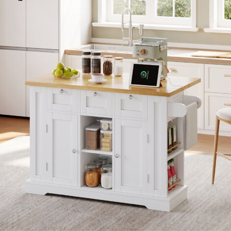 REDOM Desserte de Cuisine 132x70x87cm avec plan de travail rabattable tiroirs porte-serviettes 5 roues en MDF blanc