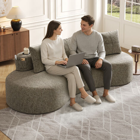 REDOM Divano 240x109x60 cm, 4 cuscini, portabicchieri e tasche laterali, imbottitura in schiuma, lino kaki